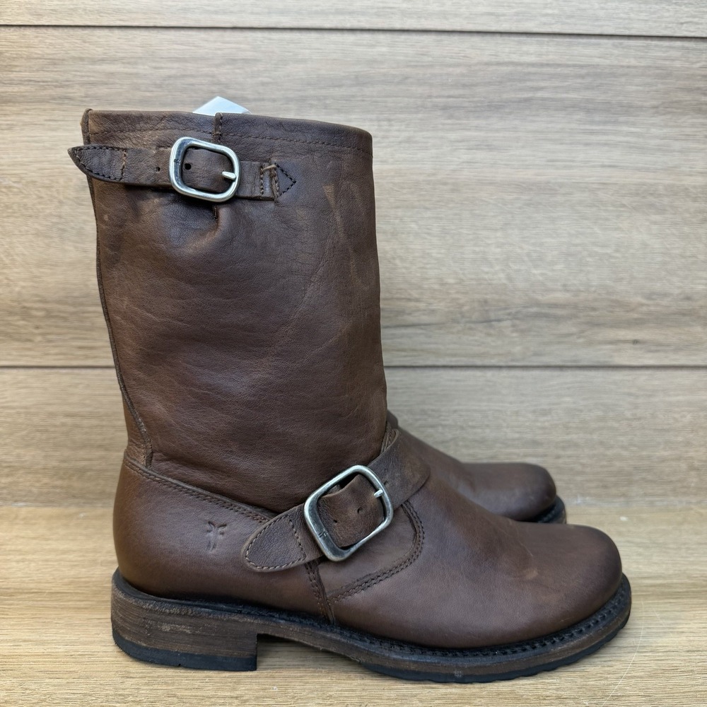 Frye Veronica Slouchy Short Brown Leather Harness Moto Boots Women Size 6.5